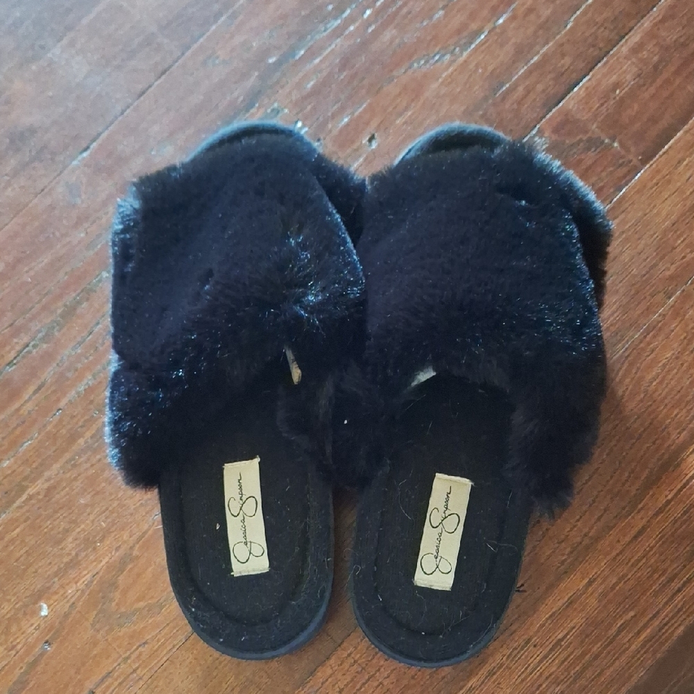 Jessica Simpson Black Fuzzy Slide Slippers